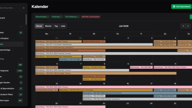 Kalender mit Behandlungen, Impfungen und Tier-Ereignissen im Monatsraster, farblich nach Art unterschieden.
