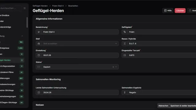 Salmonellen-Monitoring einer Geflügel-Herde mit Datum der letzten Untersuchung und Ergebnis.