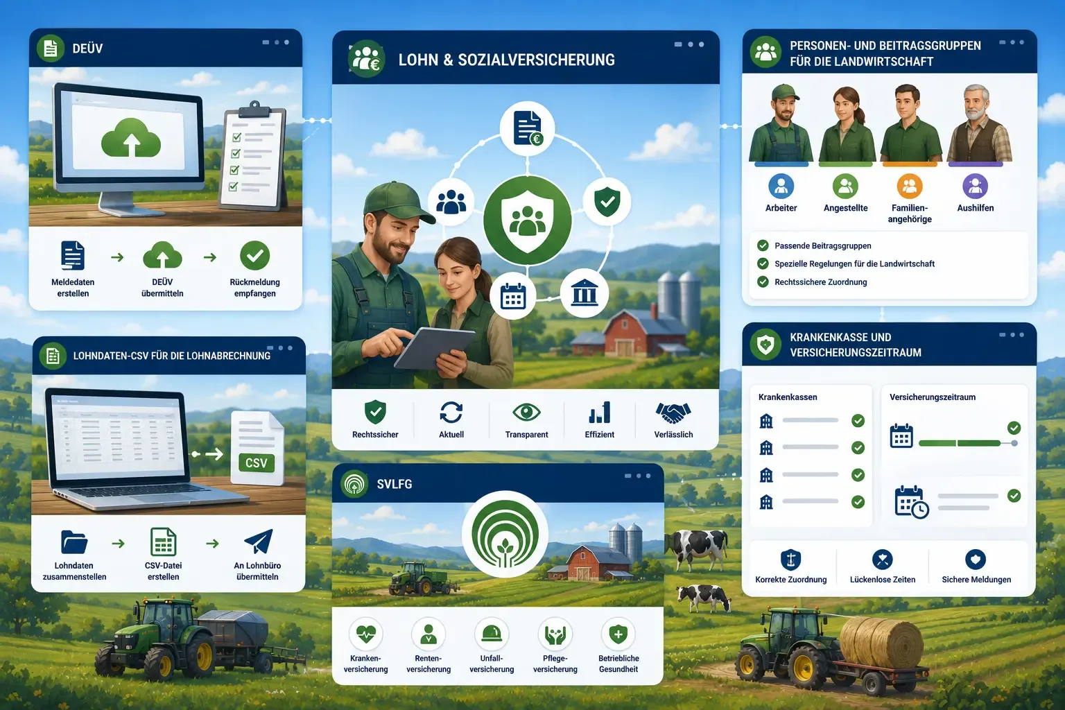 Erfüllen Sie Ihre Melde- und Nachweispflichten als landwirtschaftlicher Arbeitgeber digital — verschlüsselte SV-Profile, DEÜV-Meldedateien, monatliche Lohndaten für die Lohnabrechnung und A1-Entsendungen, DSGVO-konform und PII-sicher.