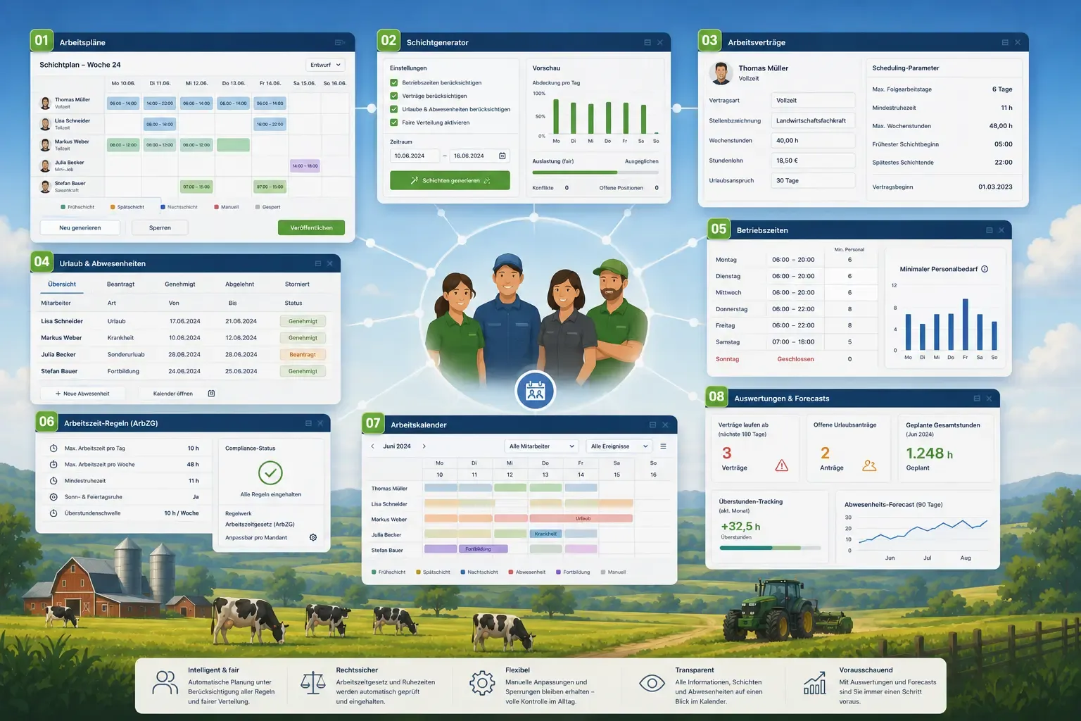 Plan shifts, employment contracts, vacations and working hours in one place. The intelligent shift generator automatically respects contracts, absences and the German Working Time Act (ArbZG) — with fair distribution across all staff.